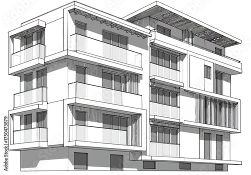 Architectural Sketch of a Modern Multi-Story Apartment Building with Balconies.