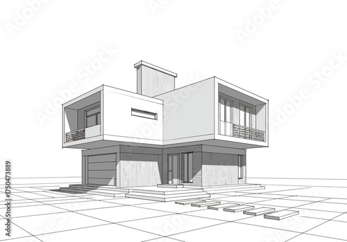 Modern Two-Story House Architectural Sketch with Balconies and Garage.
