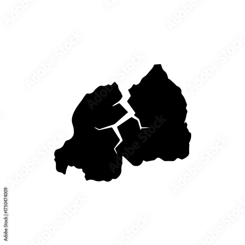 A black and white vector silhouette of the map of Rwanda, prominently marked with a distinct crack or fault line running through it. This stark image is a profound symbol of the nation's trauma 