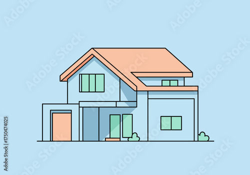 Cartoon Style Two-Story House with Garage and Peach Roof on Blue Background.