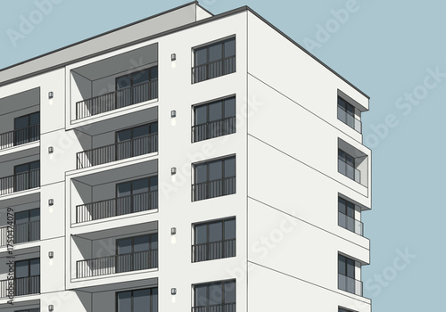 Modern White Apartment Building with Balconies and Dark Windows.