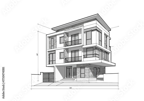 Architectural Sketch of a Modern Three-Story Residential Building with Balconies.