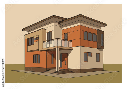 Modern Two-Story House Design with Balcony and Flat Roof.