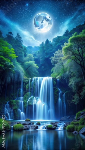 Serene forest landscape at night with a moonlit waterfall cascading down