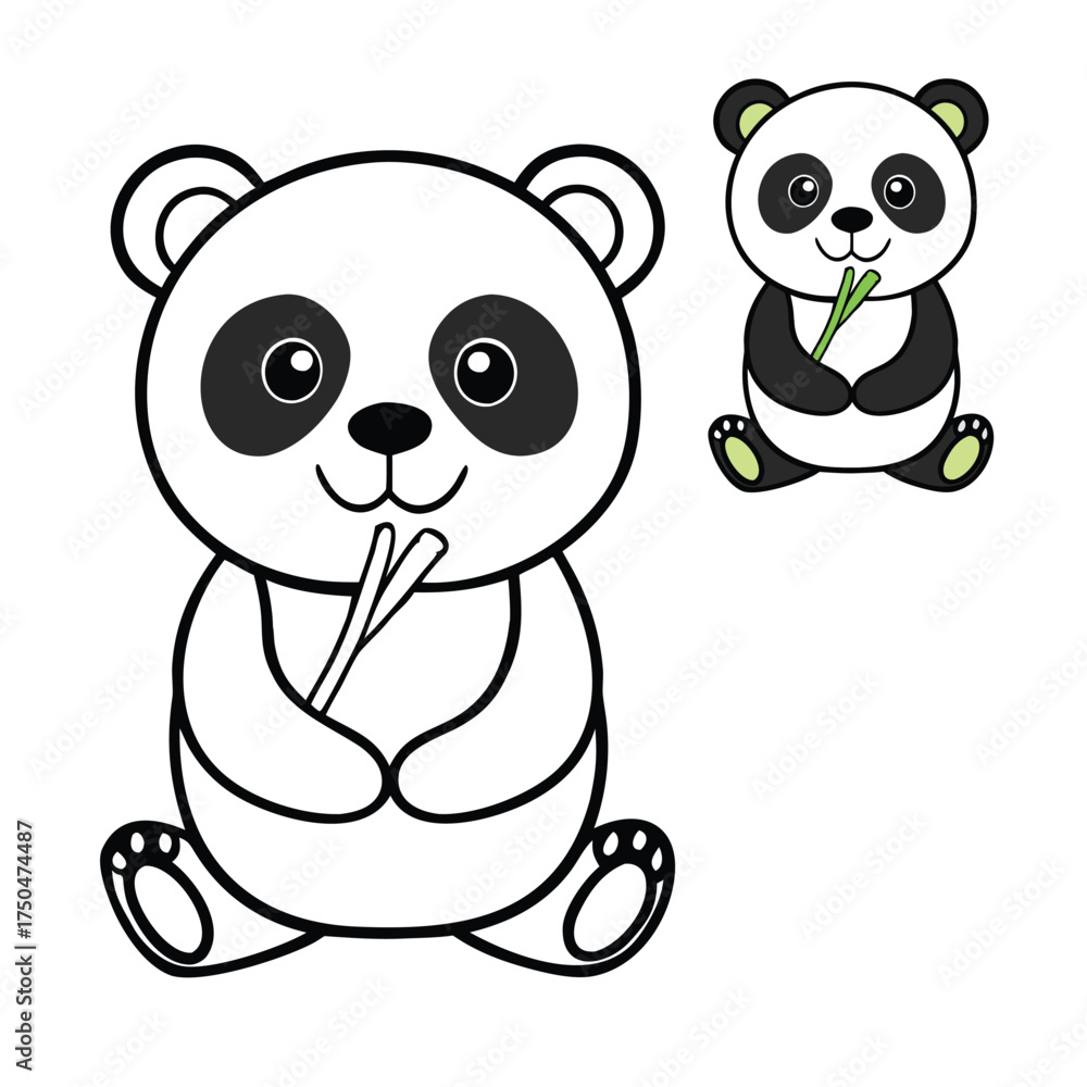 Obraz premium A cute panda cartoon munches happily on fresh bamboo, sitting with big eyes and a playful smile, perfect for a fun and engaging coloring page for all ages. 