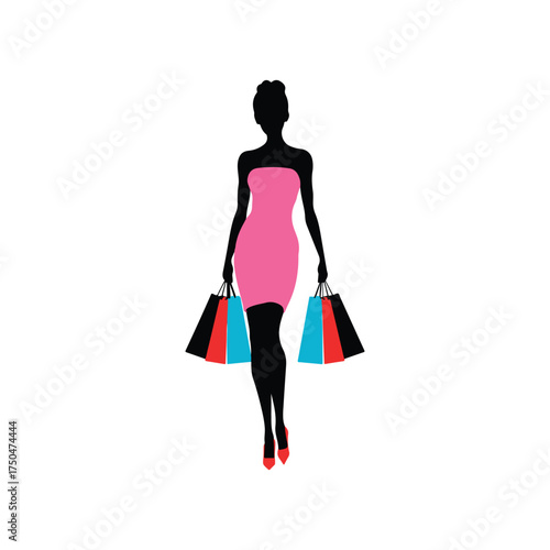 Stylish Woman Silhouette in Pink Dress Carrying Shopping Bags Vector Illustration of Retail Therapy and Consumerism.