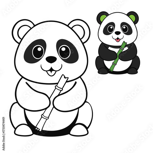 A cute panda cartoon munches happily on fresh bamboo, sitting with big eyes and a playful smile, perfect for a fun and engaging coloring page for all ages.
