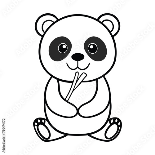 A cute panda cartoon munches happily on fresh bamboo, sitting with big eyes and a playful smile, perfect for a fun and engaging coloring page for all ages.
