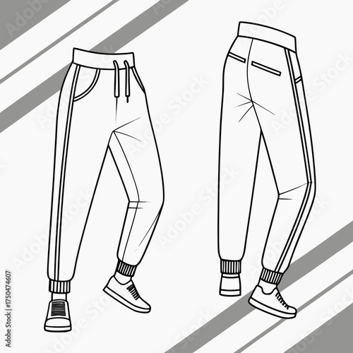 Fashion illustration of athletic sweatpants with side stripes and cuffed ankles shown from the front and back with sneakers