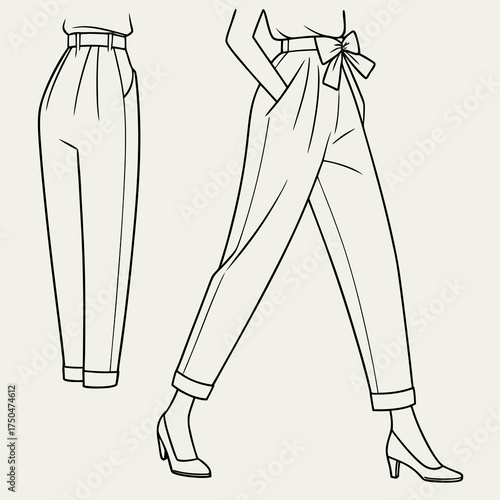 Elegant line art illustration of fashionable women s high waisted pleated trousers with a tie belt and cuffed ankles paired with heels