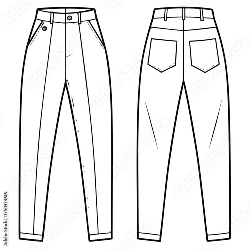 Fashion flat sketch of women s high waisted pleated trousers front and back views for design and technical illustration purposes