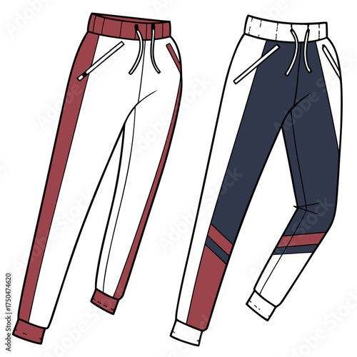 Fashion illustration of two pairs of athletic sweatpants with contrasting color blocking and drawstring waistbands presented as flat fashion sketches for design