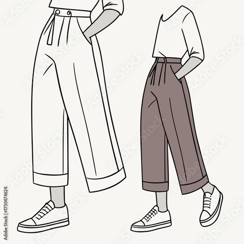 Fashion illustration of two women s outfits featuring high waisted wide leg cropped pants with pockets and casual sneakers presented in line art and color