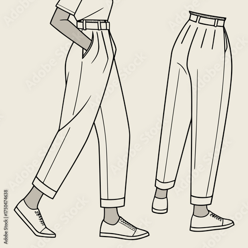Fashion illustration showcasing stylish pleated high waisted trousers with a belt and cuffed hems paired with sneakers presented from two different angles for design reference