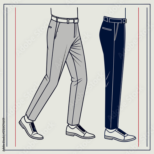 Illustration of two men s legs wearing tailored trousers and dress shoes one in grey and one in navy blue symbolizing fashion and style choices