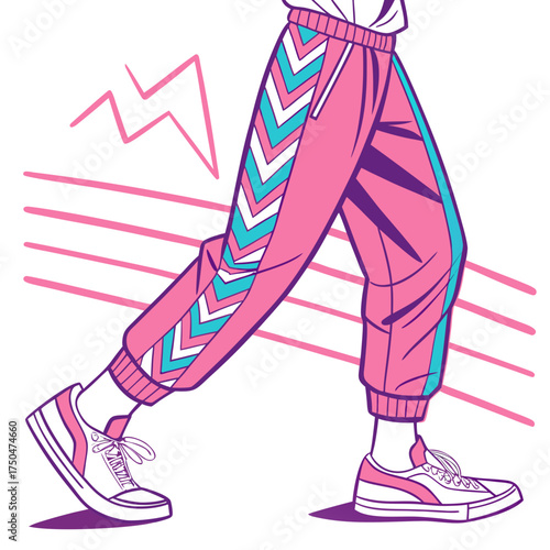 Retro 1980s inspired illustration of a person walking in pink tracksuit bottoms with chevron pattern and white sneakers against a white background with pink lines and lightning bolt