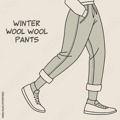 Stylish illustration of a person wearing comfortable winter wool pants with cuffed ankles and casual sneakers perfect for cold weather fashion