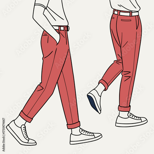 Stylish illustration of two figures walking from the waist down wearing rolled up coral colored trousers white t shirts white socks and white sneakers against a neutral background