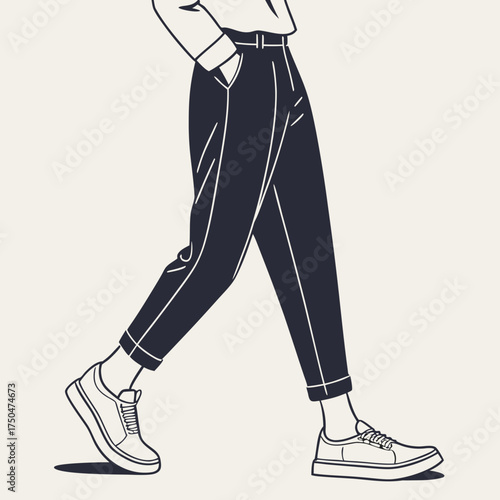 Stylish person walking confidently with one hand in pocket wearing dark trousers and sneakers on a light background minimalist line art illustration