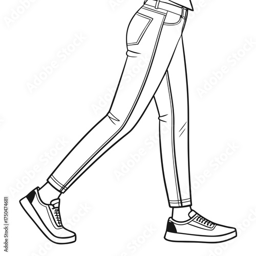Stylized black and white line art illustration of a person s legs wearing slim fit jeans and sneakers walking forward against a white background
