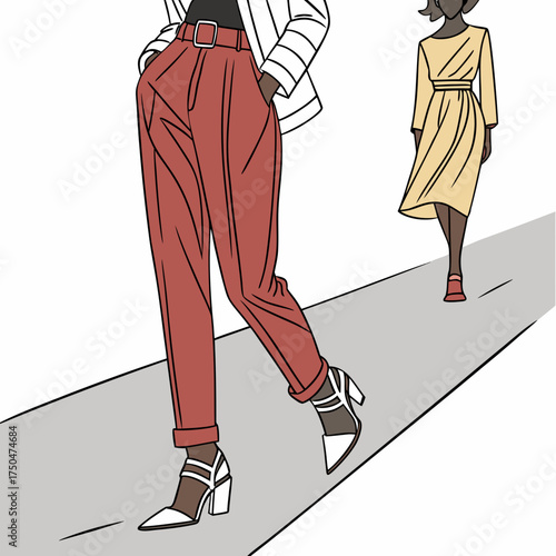 Stylish woman in rust colored high waisted trousers and white blazer walks confidently on a runway with another woman in a yellow dress behind her