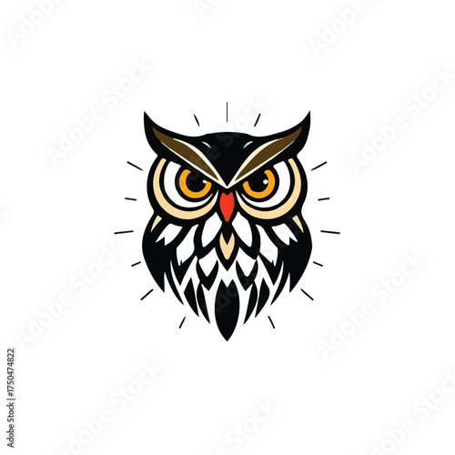 Classic illustration of a wise owl head with piercing yellow eyes and a radiant glow, symbolizing profound wisdom, nocturnal knowledge, and insightful vision in a distinct graphic style