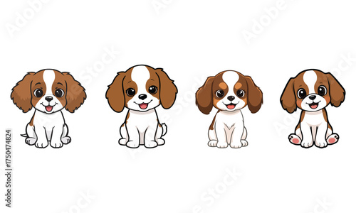 Collection of Four Cute Blenheim Spaniel Puppies Vector Illustrations for Pet, Children's and Animal Themes.