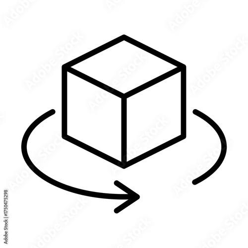 Black single 3d rotation with arrow line icon, simple virtual reality tech flat design illustration pictogram for infographic interface elements for app logo web button ui isolated on white background