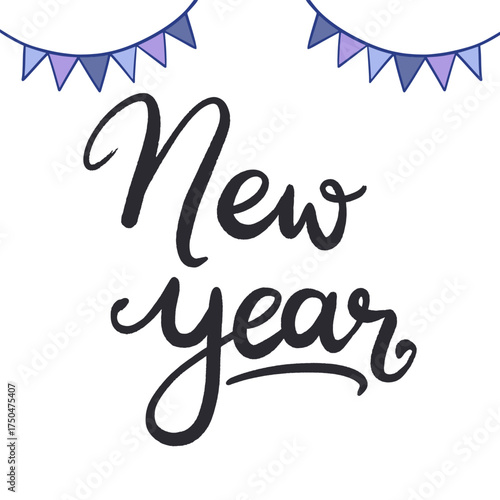 Editable black new year modern handwritten calligraphy with colorful garland, new year lettering typography vector
