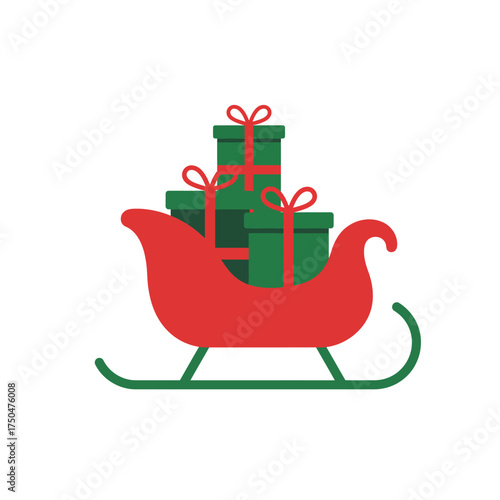 Red sleigh carrying stacked green Christmas presents with red ribbons, isolated on white background.