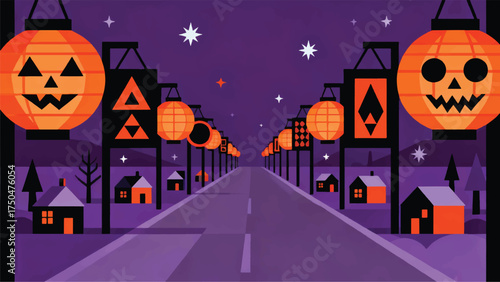Illustration Of Halloween Lanterns Lined Up Along A Village Road Vector Design Template