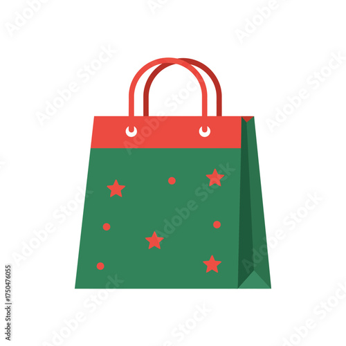 A festive green shopping bag with red accents and star decorations, perfect for gifts.