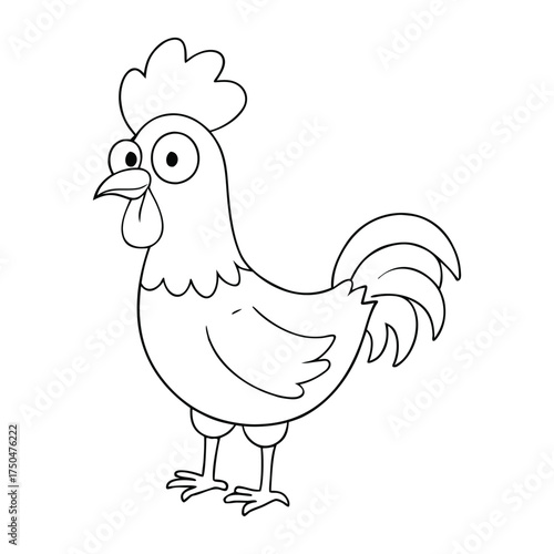 A lively farm animal rooster coloring page featuring a proud bird with detailed feathers, a bold comb, and tail plumes—perfect for kids to color and explore barnyard life.

