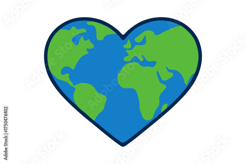 A stylized heart shape filled with the continents and oceans of planet earth symbolizing love and care for our world
