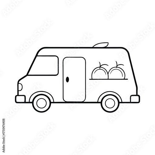 A green fresh food delivery van coloring page featuring a cheerful vehicle loaded with fruits and veggies, symbolizing healthy, eco-friendly produce delivery and freshness.
