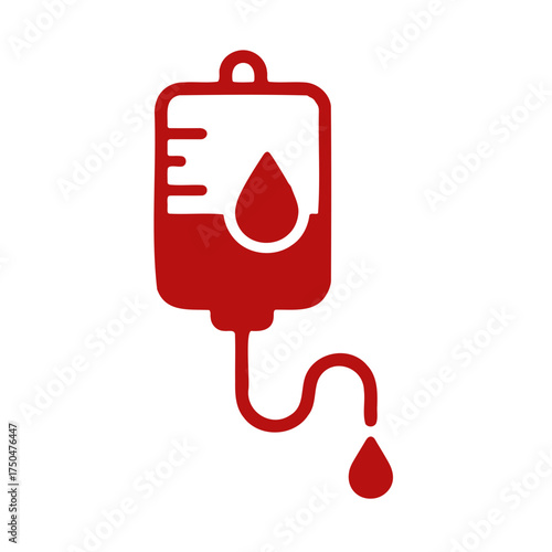 Red blood bag icon with a drip and tube on a black background representing donation or transfusion concept