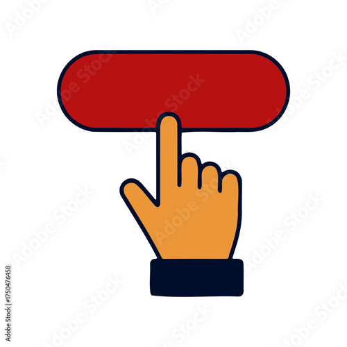 Stylized hand cursor icon pressing a red rounded rectangle button against a black background representing a digital action or selection