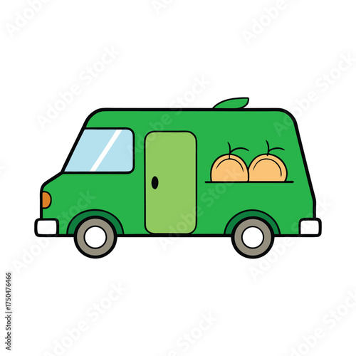 A bright green fresh food delivery van, symbolizing health and sustainability, carries farm-fresh produce and groceries with eco-friendly efficiency and vibrant appeal.
