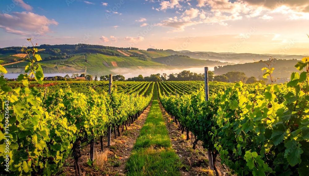 Fototapeta premium Lush green vineyard, rows of vines, and rolling hills under a sunrise