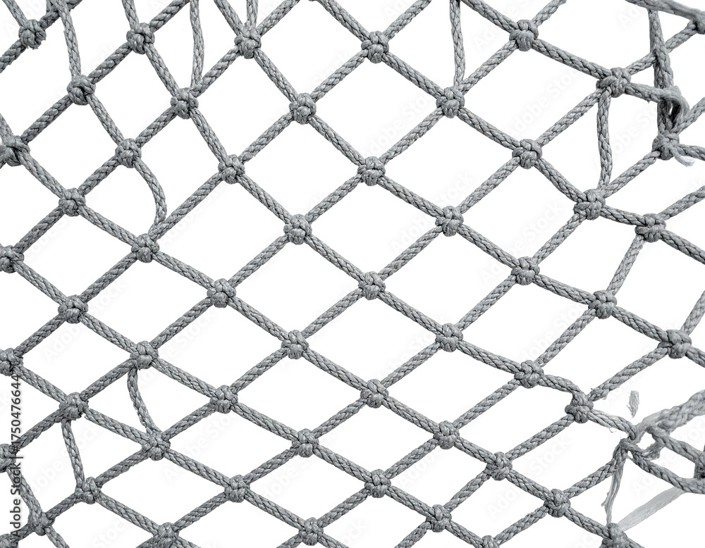Fototapeta premium Close-up of a gray rope net with diamond-shaped openings against a black void