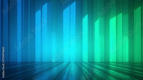 Abstract gradient of blue to green with vertical light streaks and reflective floor