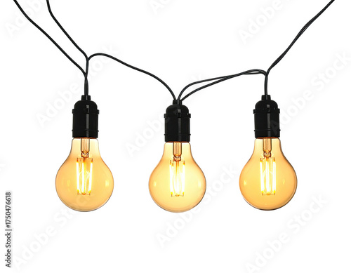 Three glowing bulbs, suspended on black wires against a dark background