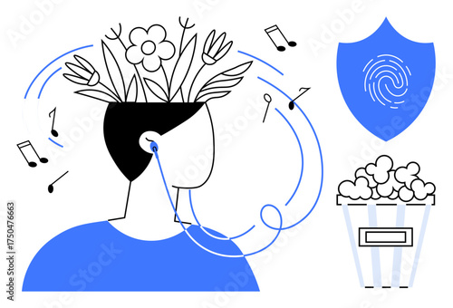 Person wearing earphones surrounded by music notes and floral growth over their head, indicating creativity and relaxation. Includes shield with fingerprint and popcorn box. Ideal for music