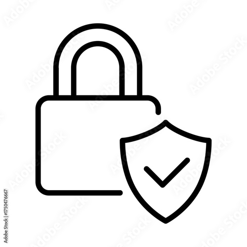 Black filled lock wth check mark line icon, simple successful protection flat design pictogram vector for app ads web banner button ui ux interface elements isolated on white background