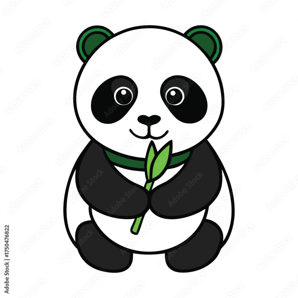 Obraz premium A cute panda sits peacefully, munching on fresh green bamboo shoots with delight. Its black-and-white fur contrasts beautifully against the lush greenery of its forest home. 