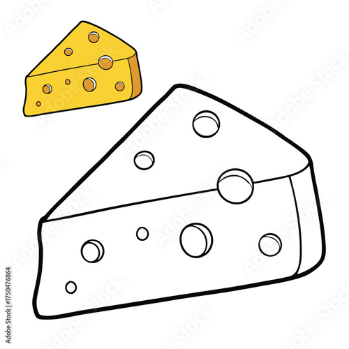 A fun coloring page featuring a wedge of cheese with holes, perfect for kids to color and learn about dairy foods. Simple outlines make it easy and playful to fill with color.
