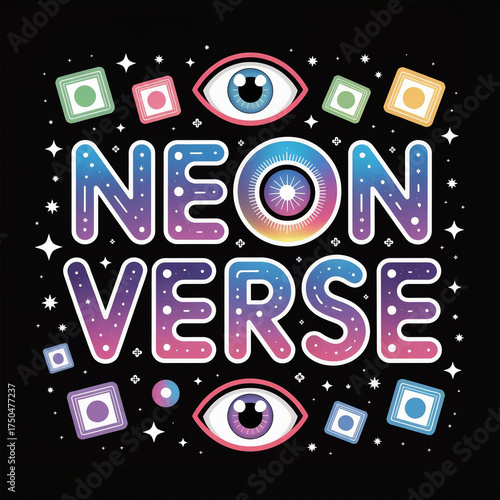 Colorful neon sign with eyes and geometric shapes on black background