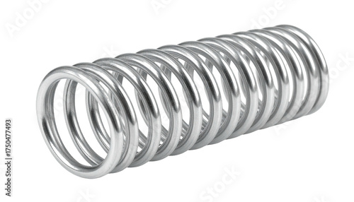 Cylindrical metallic spring, reflective surface, isolated on black background, close-up