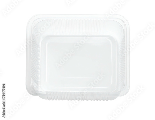 An overhead view of an empty, ridged-sided, square, clear plastic food container