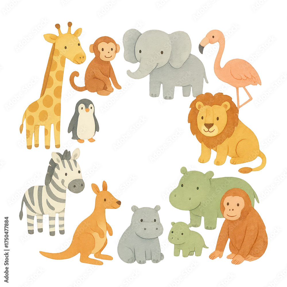 Fototapeta premium PNG Adorable watercolor zoo animals illustration.